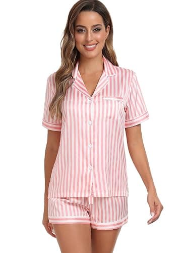 Serenedelicacy Women's Satin Pajama Set 2-Piece Sleepwear Loungewear Button Down Short Sleeve Silky PJ Set thumbnail 3