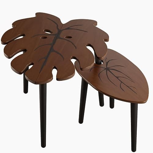 BAMEOS Monstera Leaf Nesting Tables Set of 2, Small Coffee Table Set with Leaf Vein Pattern, Modern Wooden Side Tables for Living Room Bedroom Apartment Balcony Yard thumbnail 8