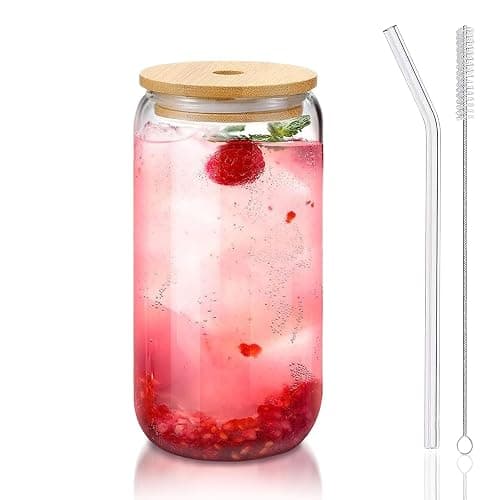 DAMCONME Glass Cups with Lids and Straws 1 Pack, 16 oz Glass Coffee Cup with Bamboo Lid, Glass Straw and Cleaning Brush, Iced Coffee Cup for Matcha, Soda, Tea and Daily Drinks - Image 1