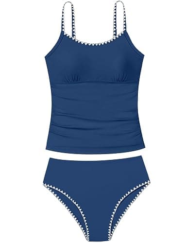 TyeSmo Girls Swimsuit Solid Color Tankini Contrast Trim Swimwear 2 Piece Bathing Suit Padded Swimsuits for Teens 9-16Y - Image 1