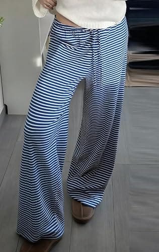 codcm Womens Comfy Pajama Pants Striped Low Waisted Lounge Pants Elastic Waist Drawstring Long Trousers thumbnail 2