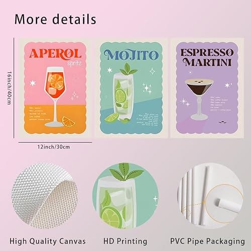 Laylwhq Cocktail Wall Art Bar Cart Canvas Wall Decor Vintage Trendy Alcoho Pictures Funky Aesthetic Prints Posters Colorful Preppy Artwork for Bar Kitchen Dorm Home Decoration 12x16inx3 Unframed thumbnail 4