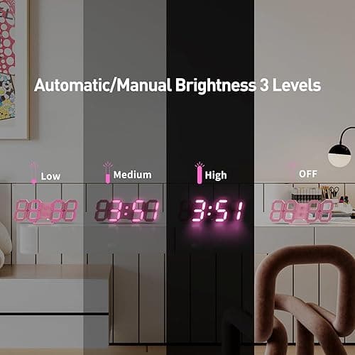COVERY Pink Digital Wall Clock, 3D LED Desk Clocks, 10 '' Large Numbers for Girl Room - Alarm, Snooze, Temperature, Remote, Nightlight, Auto Brightness Lights, Valentines Gift - 10'' Pink Light Led Clock With Remote Control thumbnail 6