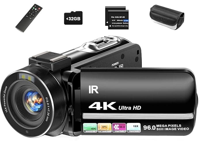 Aidzhi 4K Video Camera Camcorder 96MP UHD Vlogging Camera for YouTube 18X Digital Zoom 3.0 IPS 270° Rotation Touch Screen Video Recorder with Remote Control, Night Vision, 32GB Card, 2 Batteries - Image 1