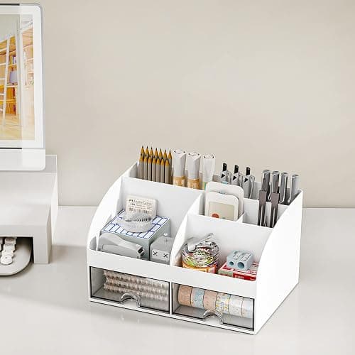 COMFYROOM Desk Organizer with 6 Compartments and 2 Drawers, Plastic Makeup Organizer, Pen Holder for Desktop Storage, Desk Organization for School, Home, Office Supplies (White) thumbnail 2