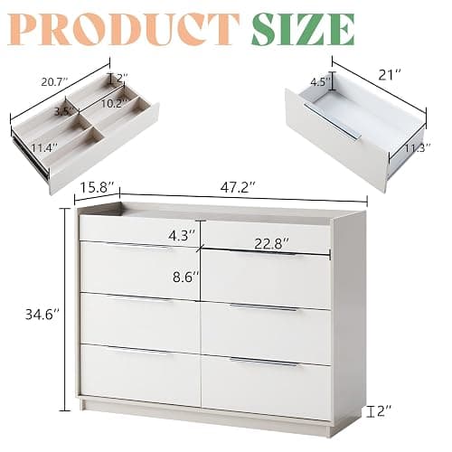 AMERLIFE 47.2" W 8-Drawer Dresser with Glass Top, High Gloss, Cream & Grey | Wide Dresser, 2 Jewelry Drawers, LED Lighting, Spacious Storage Chest, Bedroom Organizer thumbnail 2