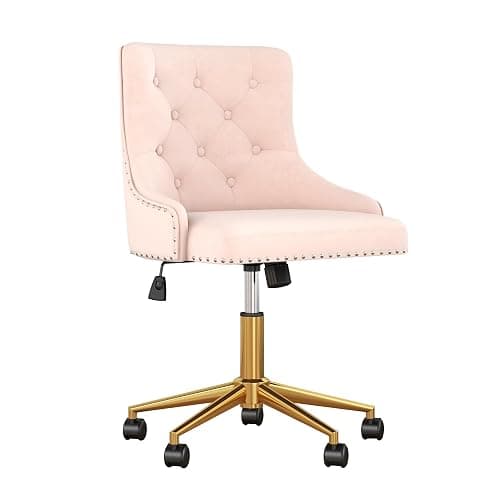Velvet Armless Home Office Desk Chair, Swivel Height-Adjustable Small Cute Vanity Chair for Women/Girls, Comfy Makeup Chair with Rivet and Gold Base for Living Room, Bedroom(Light Pink) - Image 1
