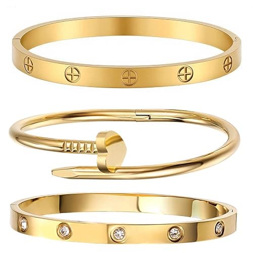 sineed 18K Gold Plated Stainless Steel Love Nail Bangle Clover Bracelet Set Stackable Dupes for Love Trendy Jewelry - Image 1