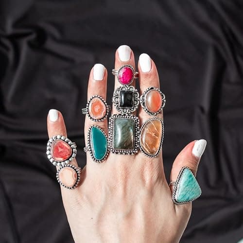 Silver Carats Women's Chunky Silver Rings - 5 Pcs Fashion Ring Set, Silver Plated, Handmade Gemstone - Stackable Gothic Vintage Pack thumbnail 3