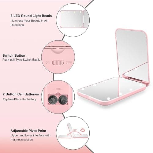 Kakuje Compact Mirror, 1X/3X Magnification LED Pocket Mirror with Nternal BIattery, Mini Mirror for Purse, Pocket,Travel and Present (Pink) thumbnail 4