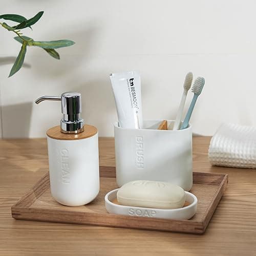 Toothbrush Holders Bamboo Electric Toothbrush Holder Bathroom Storage Organizer Countertop for Toothpaste, Floss, Razor, White thumbnail 8