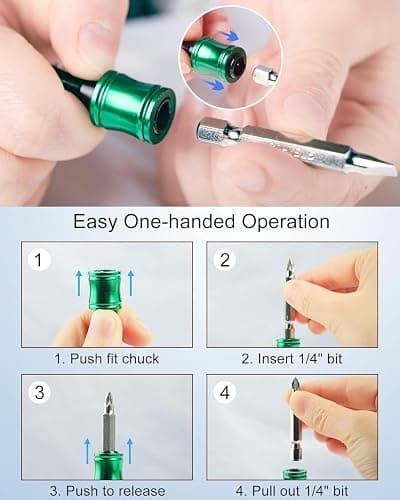 Upgrade, Push to Unlock,katerk 6pcs 1/4 inch Hex Shank Aluminum Alloy Screwdriver Bits Holder Light-weight Quick-change Extension Bar Keychain Drill Screw Adapter Change Portable, With Black Carabiner thumbnail 6