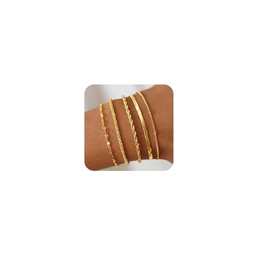 JECOMY Gold Bracelets for Women, 14K Gold Plated Waterproof Bracelets for Women, Dainty Stackable Adjustable Chain Jewelry Set - Trendy Layered Bracelet Stack Gift, Everyday Wear - Image 1