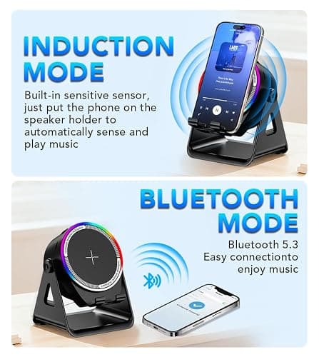 NIIFAWH Bluetooth Speaker, 4-in-1 Wireless Induction Speaker & RGB Light Stand Multi-Functional Phone Stand Instant-Connect Stereo Sound, 360° Adjustable Holder for iPhone/Android/iPad/Samsung (Black) thumbnail 3
