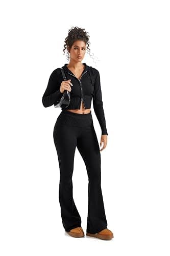 SUUKSESS Women 2 Piece Knit Sets Cropped Zip Up Hoodie Foldover Flare Leg Pants thumbnail 4
