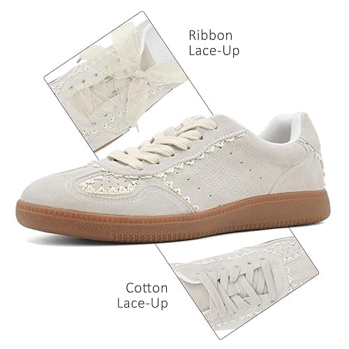 UBWDU Lace Fashion Ballet Sneakers for Women 2025 – Trendy Cute Crochet Ribbon Lace-Up Casual Spring Shoes - 8.5 - Beige thumbnail 5