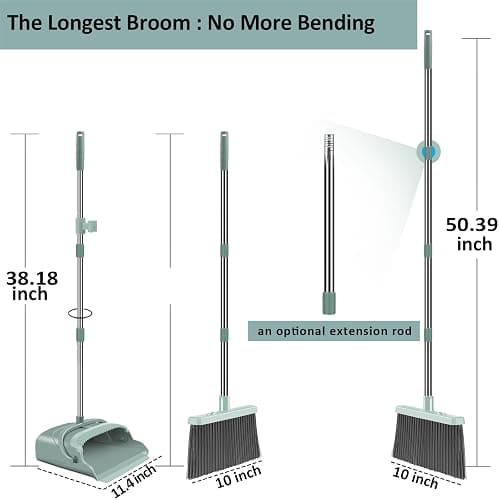 kelamayi Upgrade Broom and Dustpan Set, Large Size and with Long Handle, Upright,Ideal for Indoor Outdoor Garage Kitchen Room Office Lobby Use (Green) thumbnail 3