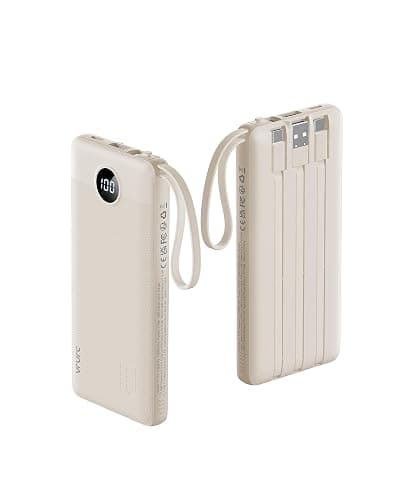 VRURC Portable Charger Power Bank,10000mAh Travel Essentials Battery Pack | Built-in 4 Cables, 5 Outputs 2 Inputs Slim USB C Charging Bank for All Cell Phones -Light Coffee(1 Pack) - Image 1