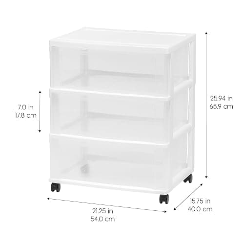 IRIS USA Plastic Drawer Storage Organizer Rolling Cart, with Wheels Casters, 3-Drawers, for Art Craft Supplies Bathroom Dorm Bedroom Laundry Room, Wide, White thumbnail 2