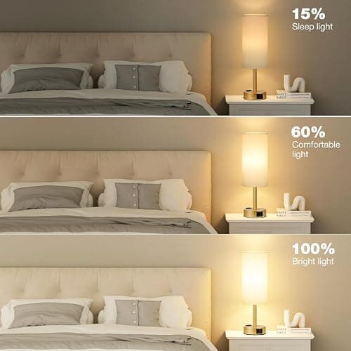 Fenmzee Gold Touch Lamp for Bedroom- 3 Way Dimmable Bedside Lamp USB C A Charging Ports and AC Outlet, Small Table Lamp White Linen Lampshade for Gift, LED Bulb Included thumbnail 2