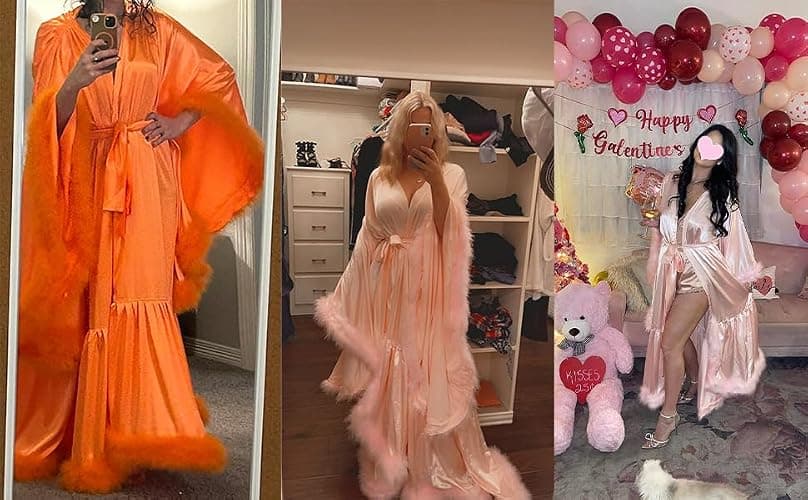 Daily Life Mall Women's Feather Bridal Robes Old Hollywood Maternity Photoshoot Nightgown Silk Bathrobe Long Lingerie thumbnail 6