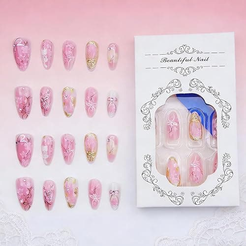 30Pcs Pink Flower Press on Nails Medium Almond Fake Nails Peach Blossom with 3D Rhinestones Pearl Gold Glitter Design Artificial Cute Cat Nails Stick on Nails Spring False Nails for Women Acrylic Nail thumbnail 6