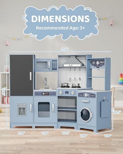 MAMIZO Wooden Corner Play Kitchen, Extra-Large Interactive Kids Kitchen Playset w/Lights & Sounds, Blackboard, Washing Machine, Ice Maker & 7 Accessories, Ultimate Pretend Toy Kitchens for Toddler thumbnail 2