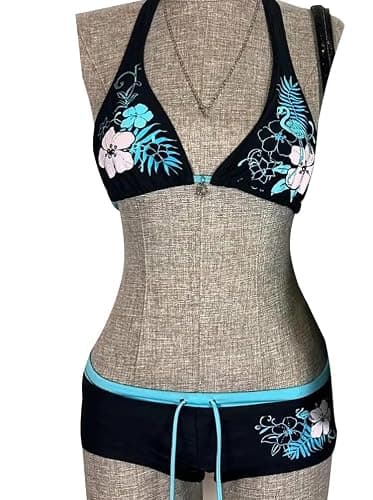 Minetom Damen Y2k Bikini Set Neckholder Badeanzug Push Up Bikinioberteil und Badeshorts Zweiteiliger Bademode 2000er Sommer Outfit thumbnail 4