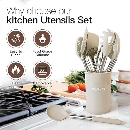 Kitchen Utensils Set-Silicone Cooking Utensils-33pcs Non-Stick Silicone Cooking Kitchen Utensils Spatula Set with Holder-Best Kitchen Cookware with Stainless Steel Handle (Khaki) thumbnail 3