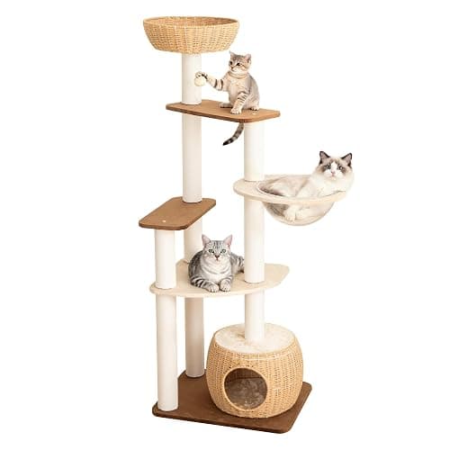 PETTIFUL Modern Cat Tree for Large Cat, 57-Inch Tall Cat Tower with Scratching Post for Indoor Cats, Multi-Level Cat Condo with Hand-Woven Cat Bed and Acrylic Bowl (White 81007DD) - Image 1