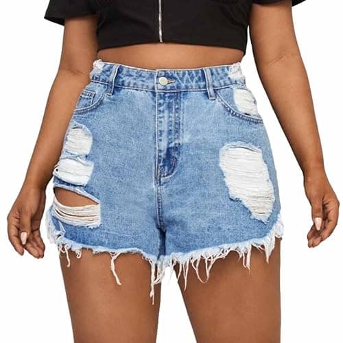MapleHub Plus Size Denim Shorts Women High Waisted Ripped Folded Hem Jean Shorts thumbnail 4
