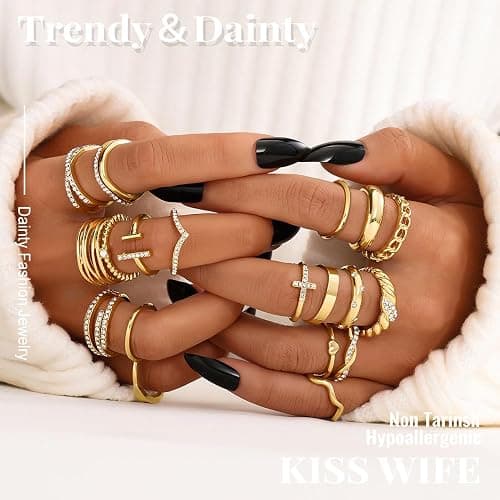 KISS WIFE Golden Silvery Black Kunckle Rings Set for Women, Dainty Simple Trendy Cute Stackable Finger Rings Pack, Perfect for Stacking Layering on Thumb and Knuckle, Mixed Size, Jewelry Gift thumbnail 6