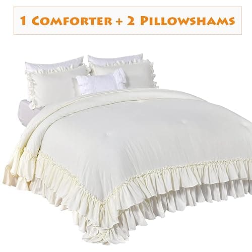 Masaca Ivory Ruffled Comforters Queen Size,Farmhouse Shabby Boho Chic Comforter Set,French Country Microfiber Inner Fill Ivory Bedding 3PCS(1 Ruffle Comforter and 2 Pillowcases) thumbnail 6