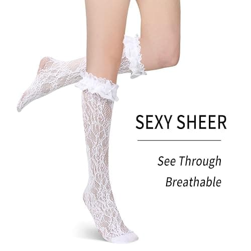 Benefeet Sox Womens Lace Knee High Socks Girls Ruffle Knee Highs Sexy Sheer Trouser Socks Black White Mesh Fishnet Stockings thumbnail 4