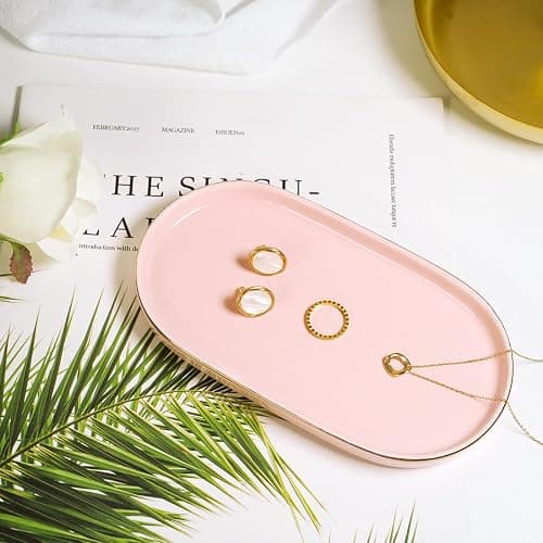 Ceramic Jewelry Dish, Perfume Vanity Tray, 7x4 Decorative Catch All Bowl for Trinket Key Ring, Small Bathroom Counter Tray, Soap Tray for Kitchen Sink (Pink) thumbnail 2