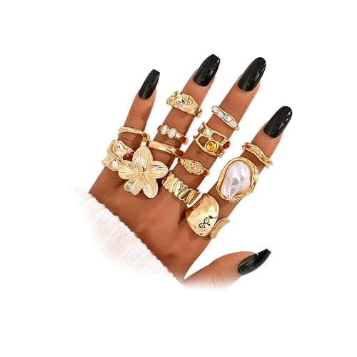 KISS WIFE Golden Chunky Rings Set for Women, Big Flower Artificial Crystal Baroque Pearl Irregular Stackable Knuckle Rings Pack, Vintage Chunky Jewelry Gift - Image 1