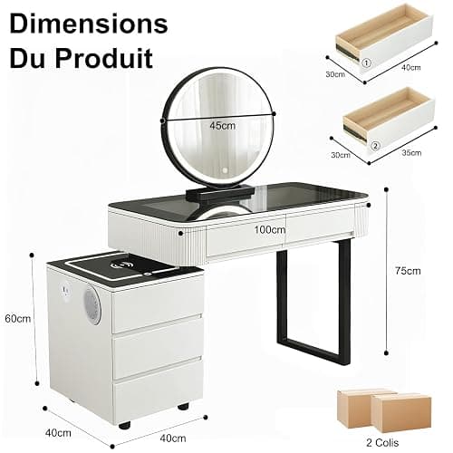 MJKCBD Moderne Coiffeuse avec Miroir à LED & 5 Tiroirs | 100cm Coiffeuse avec Table Transparente Lumineuse, 3 Couleurs, Parleur Bluetooth, Chargement Sans Fil / USB thumbnail 2
