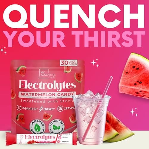 Zero Sugar Watermelon Candy Electrolytes Powder Packets (30 Pack) - All Natural Ingredients, Caffeine Free Energy for Refreshing Hydration - Vegan, Keto, Paleo Sugar Free Electrolytes Powder No Sugar thumbnail 2