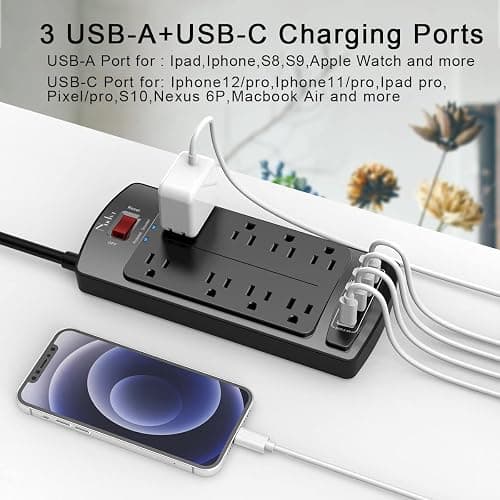 10 Feet Surge Protector Power Strip - Nuetsa Extension Cord with 8 Outlets and 4 USB Ports, Flat Plug, 2700 Joules, for Home, School, College Dorm Room, and Office, ETL Listed, Black thumbnail 3