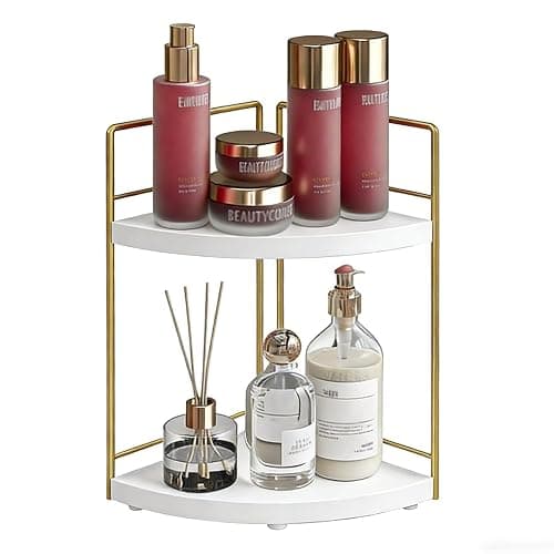 BSTSLL Bathroom Countertop Organizer, 2 Tier Wood Bathroom Counter Organizer, Vanity Organizers Corner Shelf for Makeup, Perfume, Skincare,Bedroom and Kitchen Storage (2 Tier,White and Gold) - Image 1