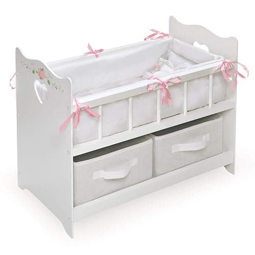 Badger Basket Wooden Doll Bed with Bed Liner, Pillows and Two Storage Baskets - Fits 18" Dolls - Ideal for Pretend Play and Baby Doll Fun - White/Rose Design with Free Personalization Kit - Image 1