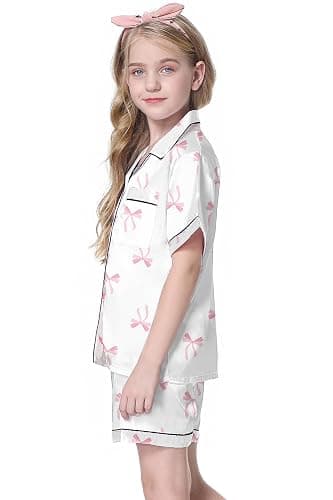 Schbbbta Girls Womens Pajamas, Satin Silky Pjs Set Kids 2Pcs Button-Down Nightwear Sleepwear Gift for Mommy and me thumbnail 3
