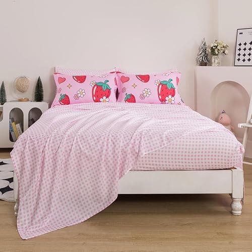 ADASMILE A & S Kids Strawberry Comforter Set Twin Size for Girls 5 Piece Pink Kawaii Flower Bedding Set Kids Strawberry Bed in A Bag Comforter (1 Comforter,1 Flat Sheet,1 Fitted Sheet & 2 Pillow Sham) thumbnail 4