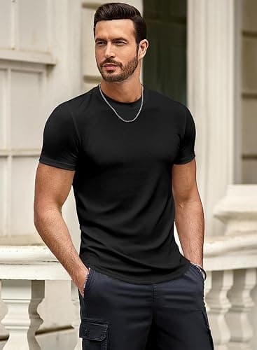 JMIERR Mens Short Sleeve T Shirt Summer Muscle Slim Fitted Crewneck Longline Tees Shirts for Gym Workout thumbnail 3