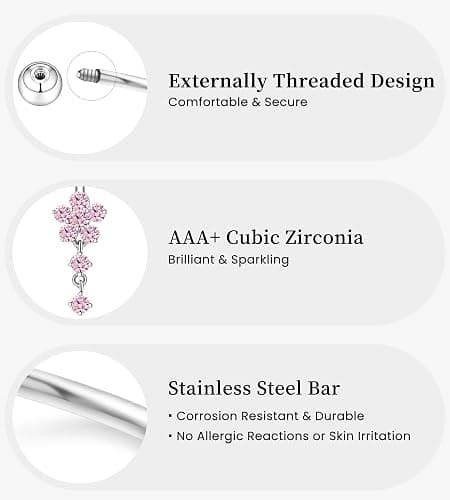 BSJ4U Belly Button Ring Dangle Navel Belly Piercing Jewelry Cute Pink CZ Heart Butterfly Bow Flower Navel Belly Rings for Women 14G Silver Stainless Steel Dainty Dangly Dangling Belly Button Piercing thumbnail 3