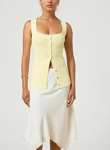 AIHUKOCY Women Square Neck Button Down Knit Tank Top Button-Up U Neck Sleeveless Backless Solid Slim Sexy Sweater Vest Tops thumbnail 4