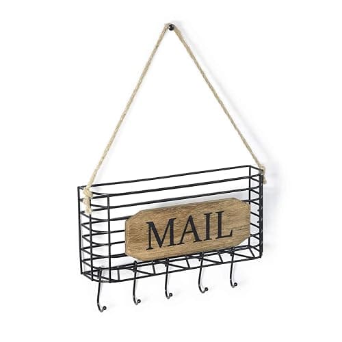 SRIWATANA Mail Organizer Wall Mount, Rustic Mail Holder Key Holder for Wall with Hooks, Small Size, Carbonized Black - Image 1