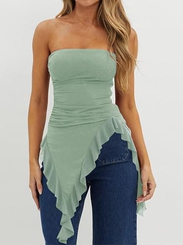 Womens Strapless Tube Tops Summer Asymmetrical Long Ruched Mesh Shirts Cute Y2k Ruffle Hem Going Out Bandeau Top thumbnail 4