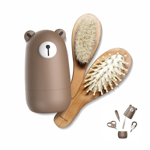 6-in-1 Baby Grooming Set, Natural Wooden Hairbrush and Comb, Nail Clippers,Nail Scissors, Nail File and Tweezers for Kids and Newborns in Nice Gift Box - Image 1