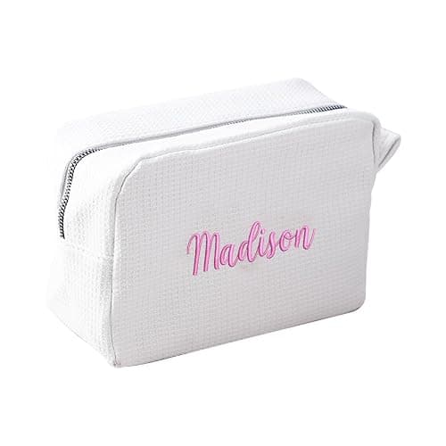 GOPHIE Personalized Embroidered Makeup Bag,Custom Waffle Fabric Cosmetic Pouch for Women, Travel Makeup Pouch (1, White) thumbnail 4